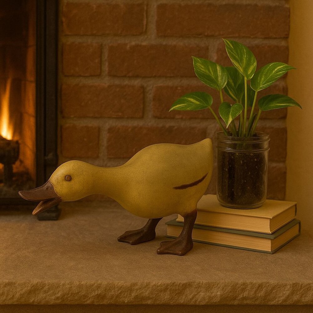 Hand Carved Wood Duck Sculpture Yellow Crackle Patina Folk‎ Art Rustic Decor